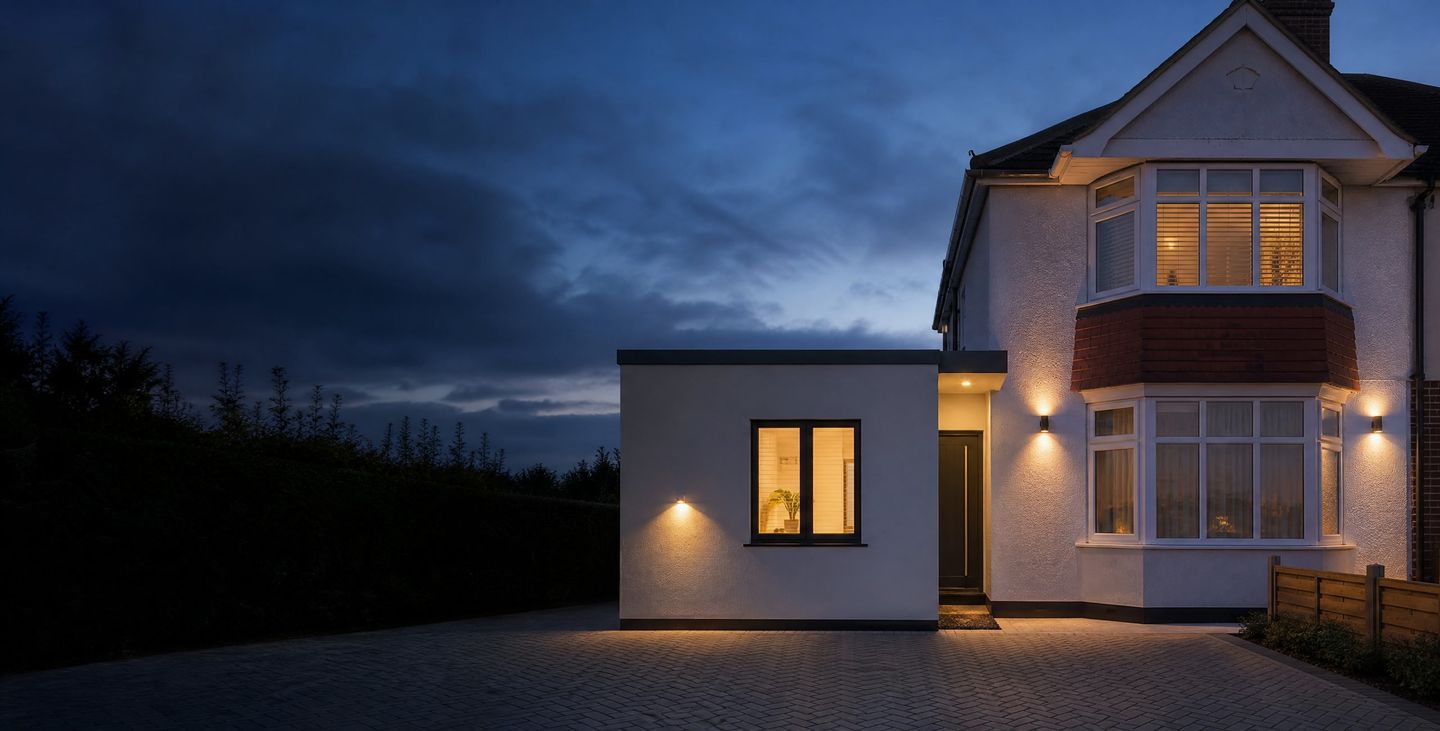 A London semi-detached house at dusk with a new single-storey side extension and a charcoal herringbone block paved driveway