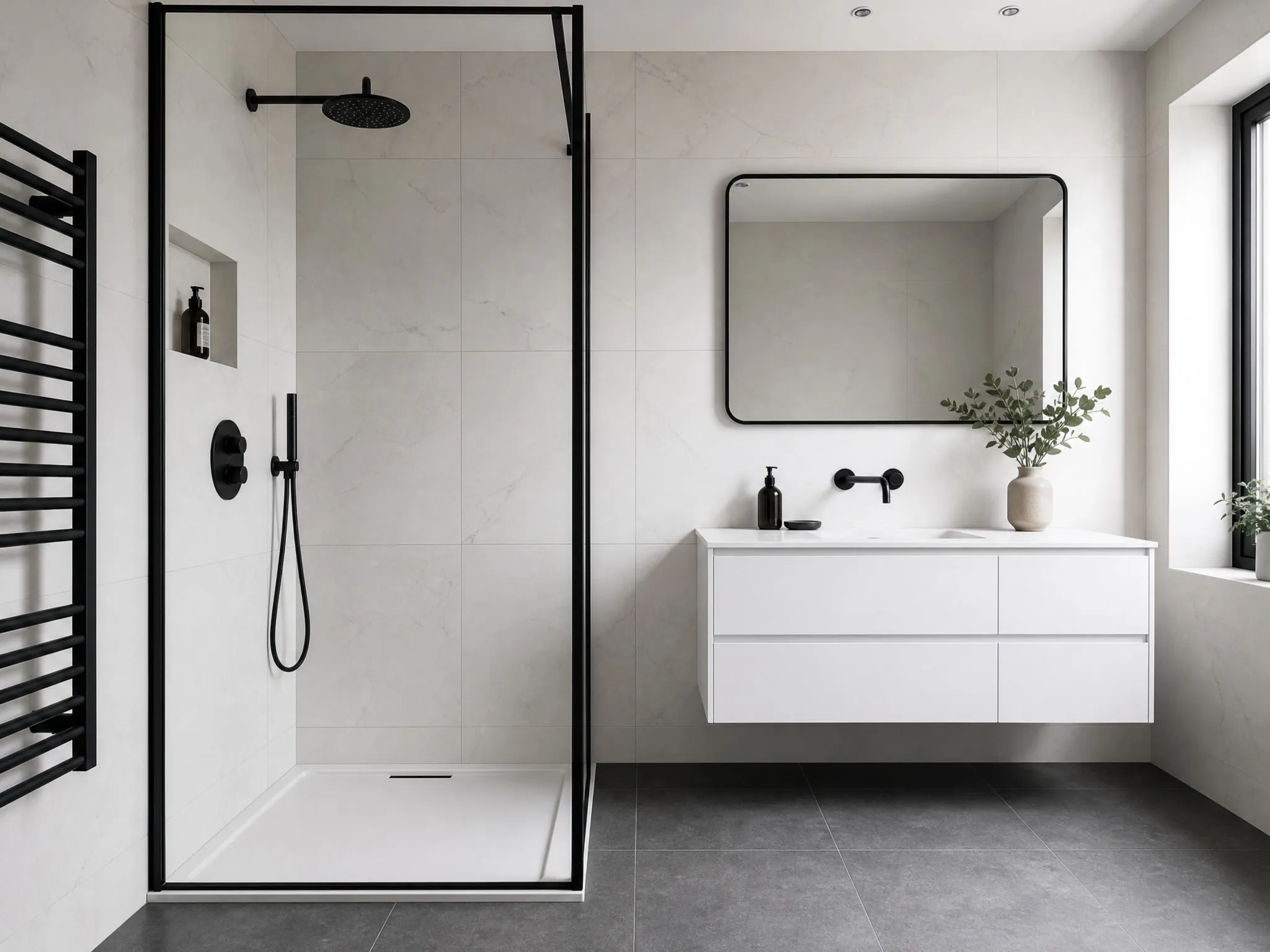 Modern bathroom with a walk-in shower, black fittings, a floating white vanity and large grey floor tiles